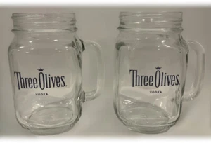 Set Of 2 Three Olives Vodka 16 Oz Mason Jar Handled Glass Drinking Mugs Barware - Picture 1 of 8