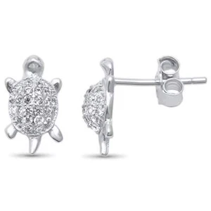 Cute! Micro Pave Cubic Zirconia Turtle .925 Sterling Silver Earrings - Picture 1 of 2