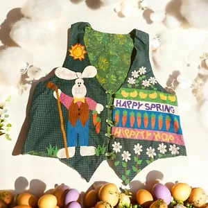 Feliz Pascua Hippy Hop Caprichoso Chaleco Botón Flores Verdes Arte Popular Hecho a Mano - Imagen 1 de 17