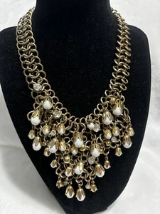 ANN TAYLOR White Glass Bead & Rhinestone BIB Necklace Gold Wide Triple Strand Ch - Picture 1 of 7