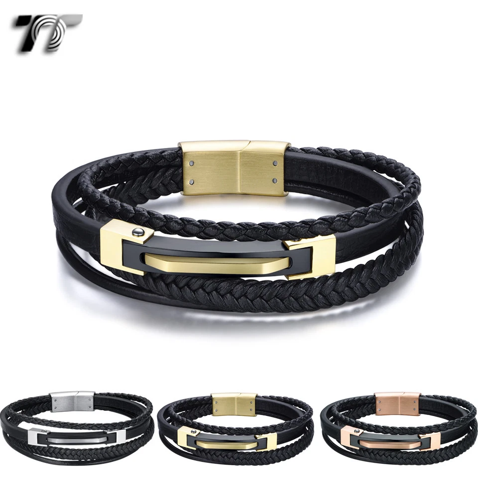 Pulsera TT Cuero 316L Acero Inoxidable Clip en Hebilla Multi Rayas (BR279) NUEVO Foto 1 de 1