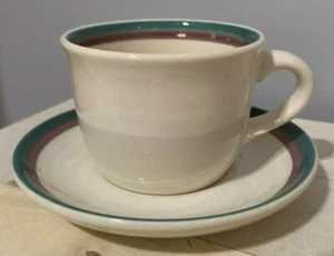 Vintage PFALTZGRAFF AURA PINK Kaffeetasse & Untertasse - hellgrün & rosa Bänder USA - Bild 1 von 10