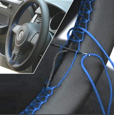 38cm DIY Car Hand Sew Steering Wheel Cover GENUINE UF Leather Non Slip Mat Blue - Image 1 of 4