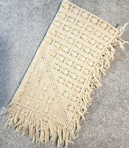 VTG Boho Handmade Crochet Tablecloth 43" x 43" Square Fringe Beige Cottagecore - Picture 1 of 8