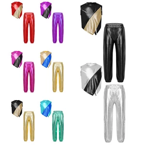 Girls Hip Hop Street Dance Outfits Jazz Solo Metallic Tank Tops with Pants Set - Picture 1 of 99