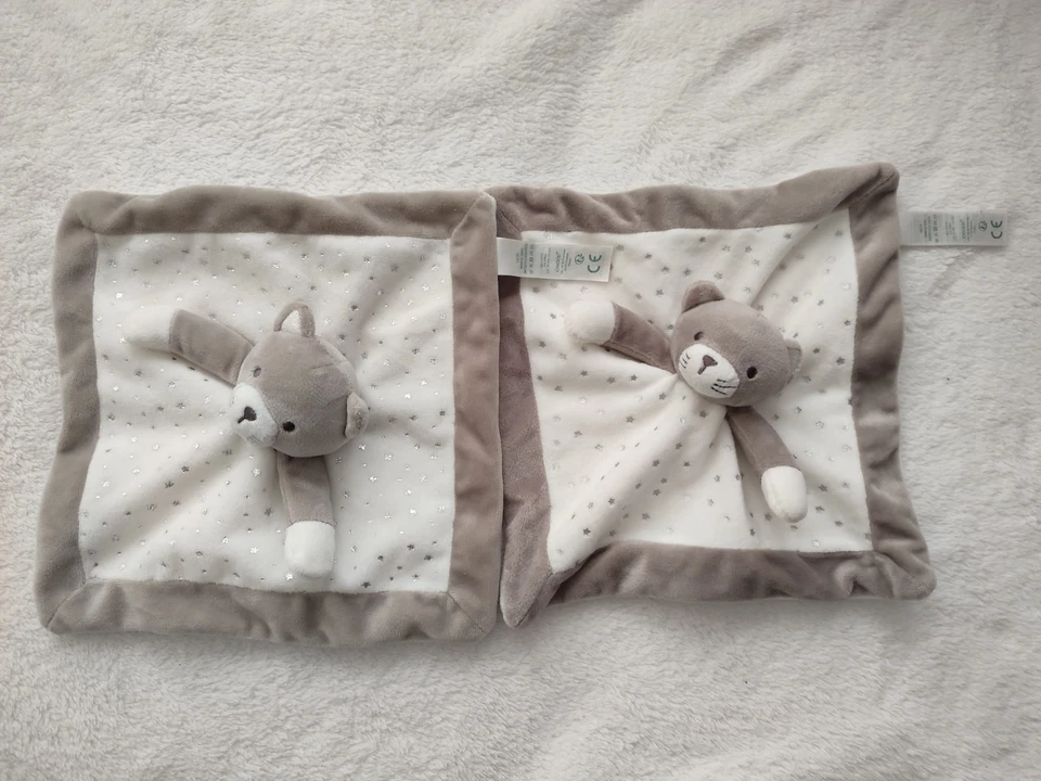 lot de 2 Doudou plat Chat blanc gris etoile OBAIBI OKAIDI - Photo 1/1