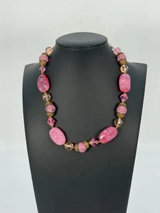 VTG Pink Blown Glass Beaded Necklace AB Crystals Filigree MCM Estate Find - Picture 1 of 7