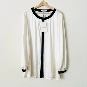 NWT Marina Rinaldi US 18 pearl white silk button blouse with black detail - Picture 1 of 9