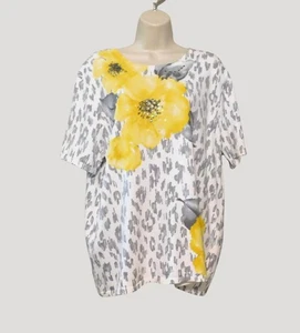 Alfred Dunner Sweater Top XL White Gray Animal Print Yellow Floral Cotton - Picture 1 of 10