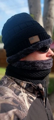 Insulated Winter Beanies With Leather Stitched American Flag Black or Brown - Image 1 of 4