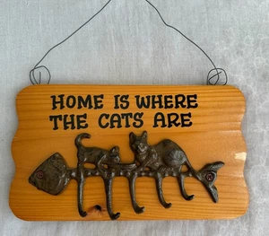 Wall Mount KEY HOLDER Cats and Fish Fishbone, 5 hooks,Home is where the cats are - Picture 1 of 9