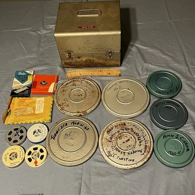 Estuche de transporte de metal con cinta real a carrete plateado vintage con 12 carretes y accesorios Foto 1 de 4