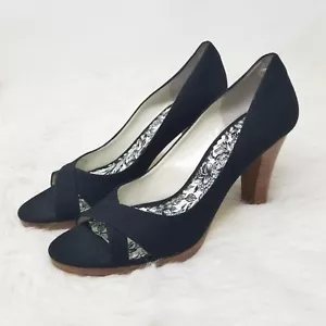 WHBM Pumps Womens Size 9 M Peep Toe Leather Sole Career Stacked Heels Black - Picture 1 of 8