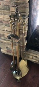 Antique Fireplace Brass Tool Set Four Pieces & Stand - Picture 1 of 12