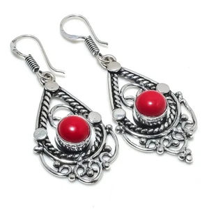 Rote Koralle Edelstein Handarbeit 925 Sterlingsilber Schmuck Ohrring Größe 2" - Bild 1 von 1