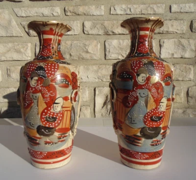 Paire de vases satsuma en céramique - haut 31 cms - Photo 1/4