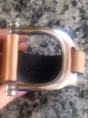 Gucci Sterling Silver Tan Leather Equestrian Stirrup Horsebit Cuff Bracelet - Image 1 of 4