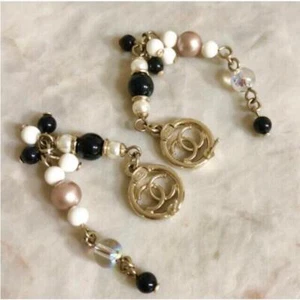 Chanel Earrings Long Coco mark Pearl White Stone Gold Plated Length 8cm With Box - Picture 1 of 4