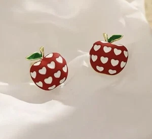 Chico’s Apple Earrings Heart Enamel Red Teacher Preschool Stud Gold Resin Boho - Picture 1 of 6