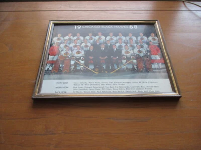 Chicago Black Hawks 1968 foto enmarcada a color equipo casco Mikita Pilote DeJordy Foto 1 de 3