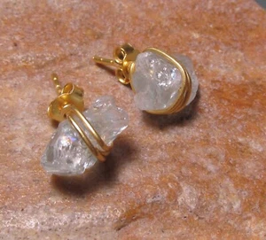 925 sterling silver gold plate natural aquamarine wire wrap stud earrings. - Picture 1 of 3