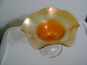 CARNIVAL GLASS MARAGOLD PEDESTAL RUFFLED COMPOTE CANDY DISH VINTAGE - Picture 1 of 5
