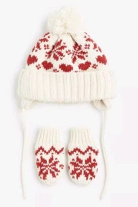 H&M Juego de 2 Sombreros y Mitones Tejido Jacquard Blanco y Rojo 2-4 Años - Imagen 1 de 2