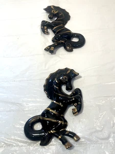 2 Vtg MCM Black Gold Art Pottery Zebra Horse Wall Hanging Lipper & Mann Japan - Picture 1 of 7