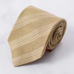 Isaia 7-Fold Ochre and White Striped Silk and Linen Tie NWT - Picture 1 of 4