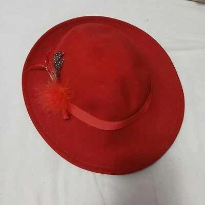 Vintage Bollman Red 100% Wool Felt Ladies Bowler Hat Ribbon & Feather USA Made - Image 1 of 4
