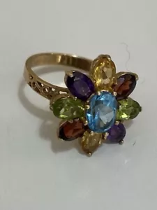 Vintage 10K Solid Gold Unique Flower Ring Natural Multi Gemstone Size 6.75 - Picture 1 of 24