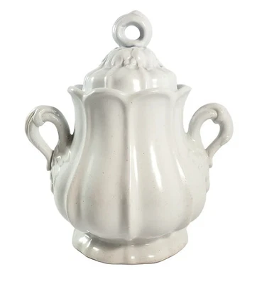 Antique White Ironstone Sugar Bowl with Lid Paneled Grape & Leaf - Image 1 of 4