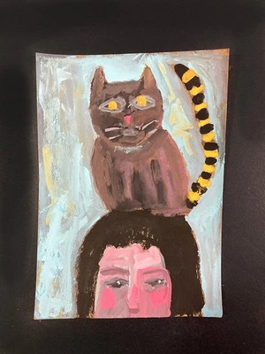 Woman & Cat Original Portrait Animal Painting Expressive Wall Art Miz Katie - Image 1 of 4