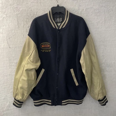 Lamasz Mens Varsity Style Jacket Leather Sleeve Embroidered Back XL Wool Snap - Image 1 of 4