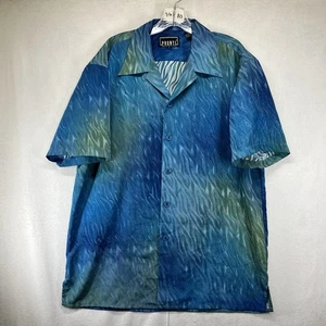 Vintage Y2K Button Up Novelty Camp Shirt Blue Tribal Flames Silky Large - Picture 1 of 18