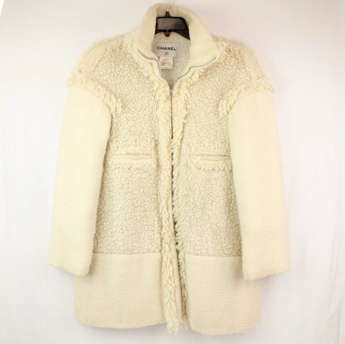 Cappotto CHANEL panna tweed e finto shearling full zip FR 36