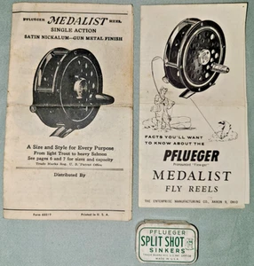 Vtg Pflueger fishing lot, Split Shot Sinkers tin & 2 Medalist fly reel pamphlets - Picture 1 of 15