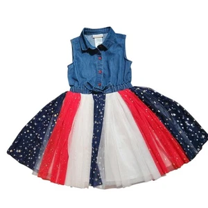 Bonnie Jean Patriotic Dress Size 8 Girls Denim Sleeveless Tulle Bottom July 4th - Picture 1 of 8