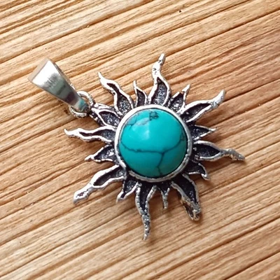 Trending Sale Turquoise Gemstone Sun Pendant 925 Sterling Silver Plated Jewelry - Image 1 of 4