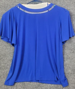 Liz Claiborne Woman 3XL Blue Blouse Dress Party Spandex Frill Short Sleeve - Picture 1 of 12