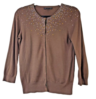 Cárdigan Suéter Club Monaco Mujer Pequeño Escote Cuentas Seda Marrón Ligero Foto 1 de 4