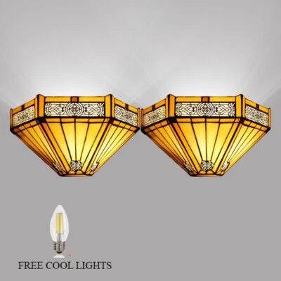 Pair of 2 Tiffany Yellow Hexagon Style Wall Light Handcrafted Stained Glass E27 - Image 1 of 4