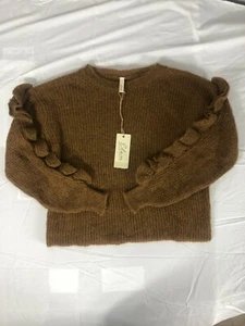 Elan NEW Womens Size Small Tan Brown Ruffle Sleeve Sweater Crewneck - Picture 1 of 6