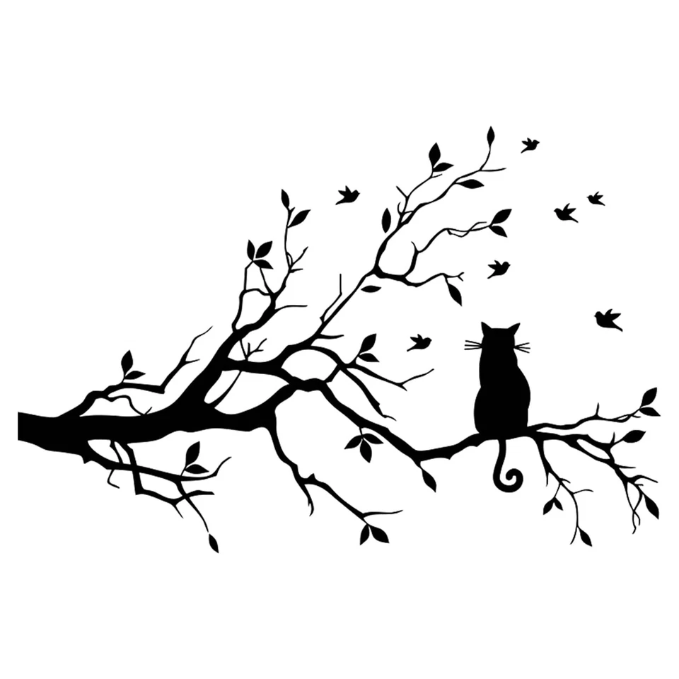 Cat On Long Tree Branch Wall Decal Cat Window Art Sticker Removable DIY Vinyl... - Image 1 of 4