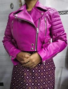 Women's Pink Lambskin leather Biker Cropped Jacket, Club Party & Ocsassion Wear - Picture 1 of 12