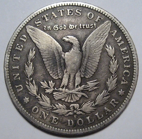 = 1895-S FINE MORGAN Dollar, CLEANED, Low Mintage 400K, FREE Shipping Cover