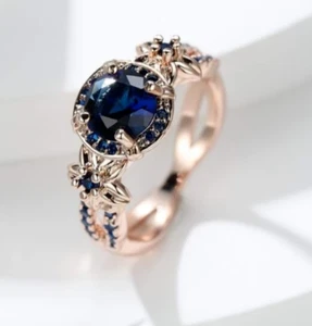 Glamorous Rose Gold Plated Blue Sapphire Color Cubic Zirconia Siz10 Fashion Ring - Picture 1 of 13