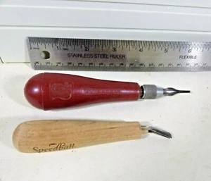 2 Vintage Speedball Linoleum Cutters 1 wooden and 1 rubber handle - Picture 1 of 3