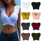 Womens V Neck Cross Wrap Front Cropped T-Shirt Blouse Sexy Club Top Yoga Tee