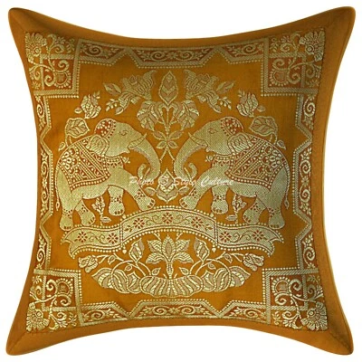 Ethnic Pillow Cover Mustard 12 x 12 Jacquard Elephant Zippered Cushion Cover - Image 1 of 3